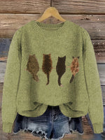 Grobstrick Rundhals Damenpullover mit Katzen-Motiv und Rippbündchen