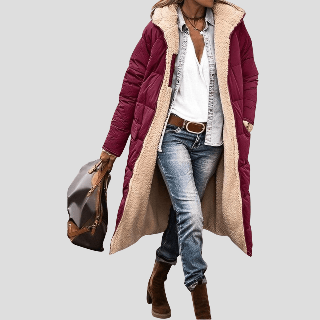 Wendbare Winterjacke Damen Lang mit Teddyfutter und Kapuze
