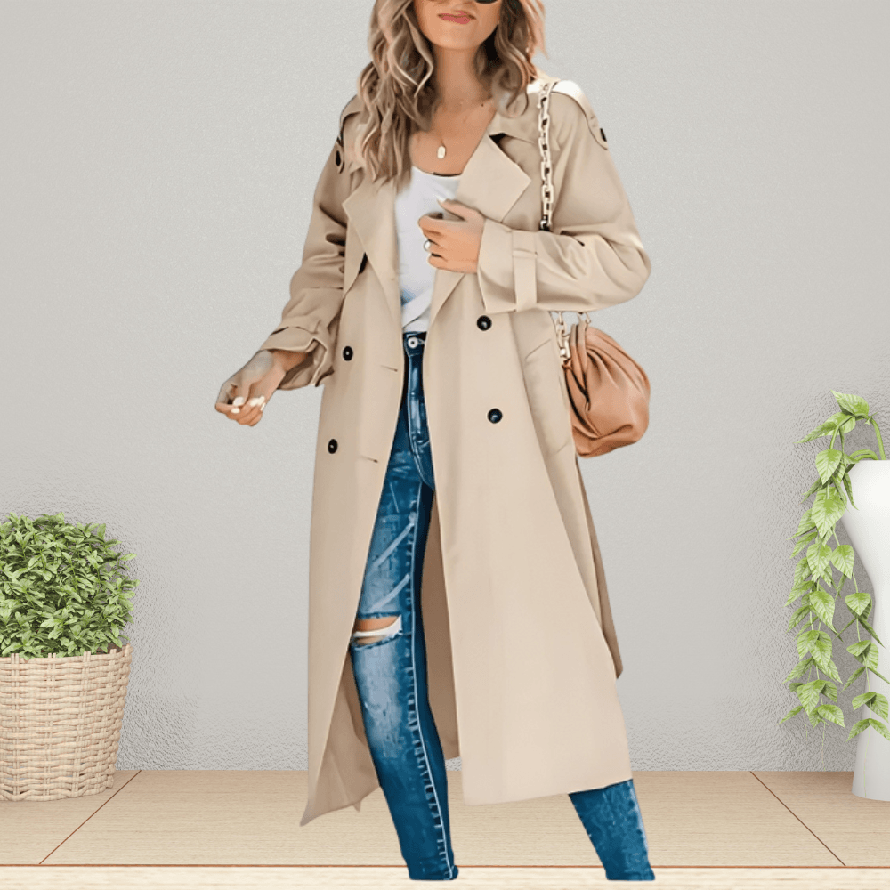 Zweireihiger Damen Trenchcoat mit Umlegekragen und Bindegürtel