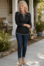 Damen Waffelstrick Henley Shirt mit Kontrastnähten