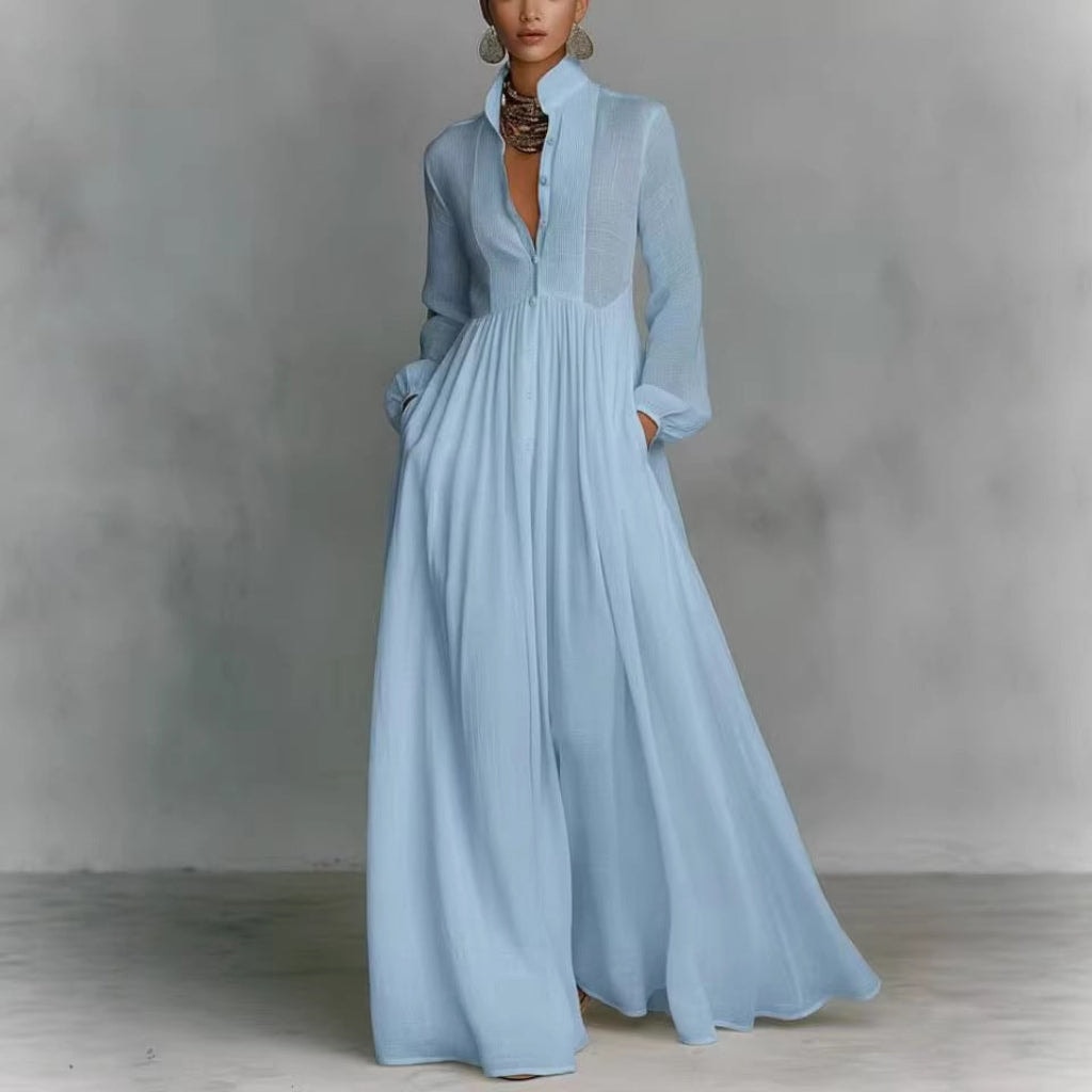 Plissiertes A-Linien-Maxikleid mit Laternenärmeln und Taschen für den Herbst
