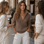 Strukturierter Damenpullover mit Half-Zip-Kragen aus Polyester