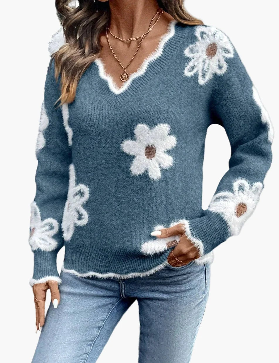 Damen Strickpullover mit Blumenstickerei und V-Ausschnitt im Norweger-Stil