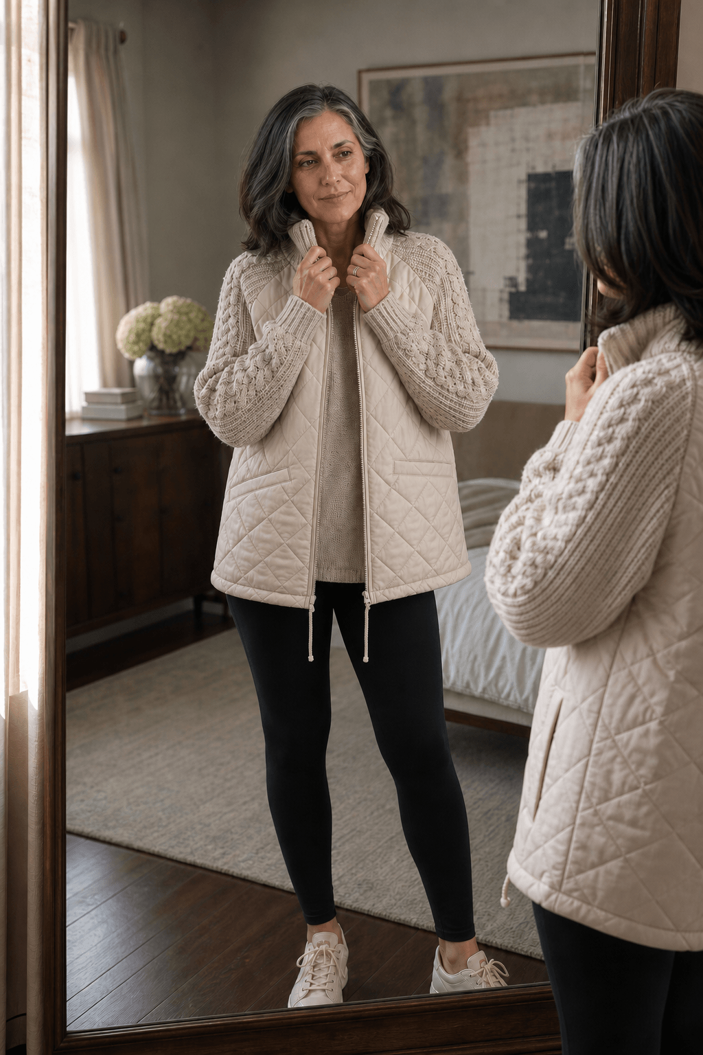 Damen Steppjacke mit Strickbesatz an Bund Ärmeln und Kragen im Patchwork-Design