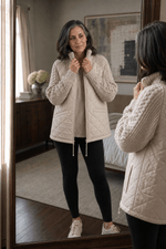 Damen Steppjacke mit Strickbesatz an Bund Ärmeln und Kragen im Patchwork-Design