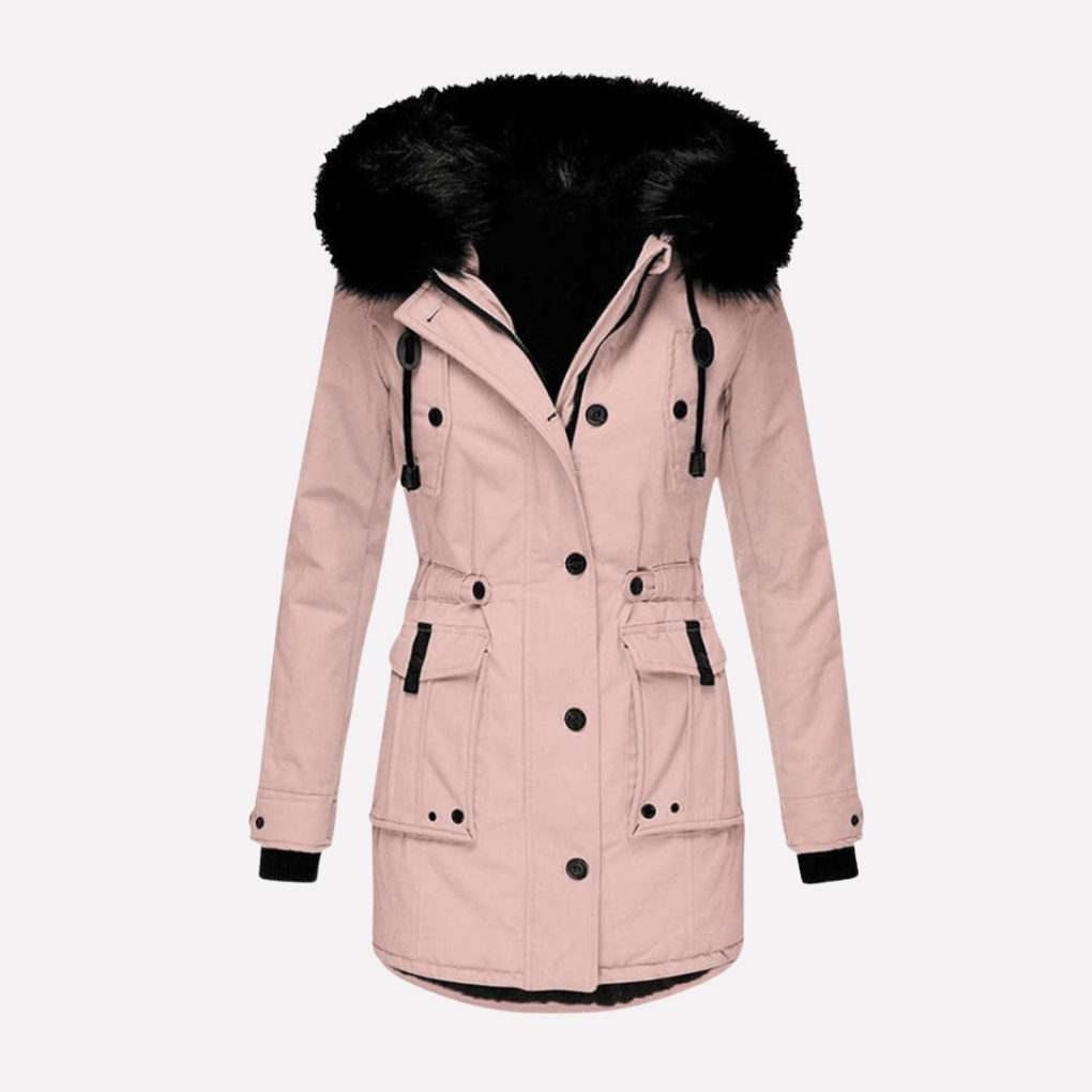 Warme Damen-Winterjacke aus Baumwollmischgewebe mit Kapuze und Klapptaschen
