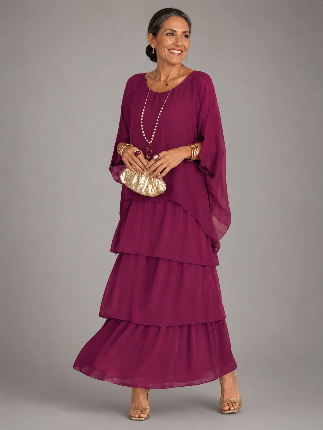 Gestuftes Chiffon-Maxikleid mit Fliessendem Cape-Ärmel und Weitem Schnitt