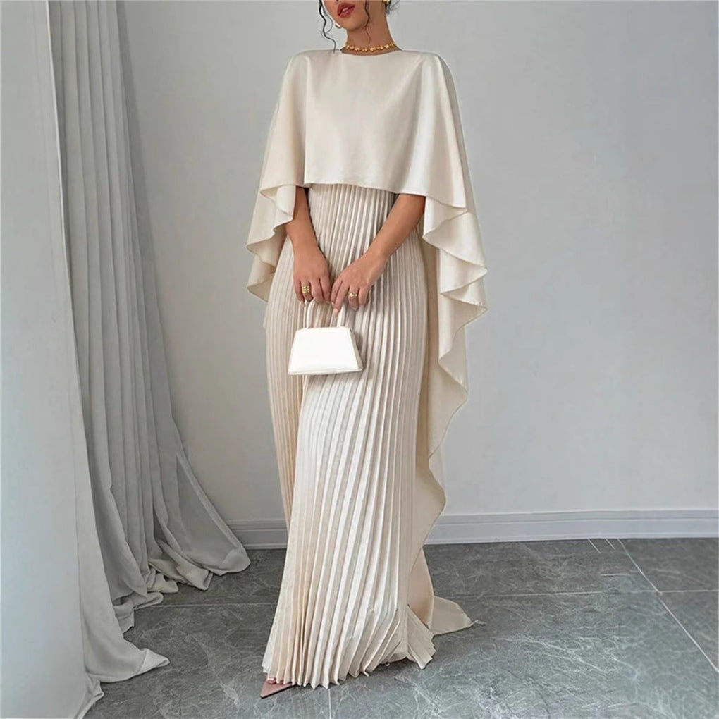 Plissiertes Maxikleid mit Hohem Kragen und Fledermausärmeln für Damen im Herbst