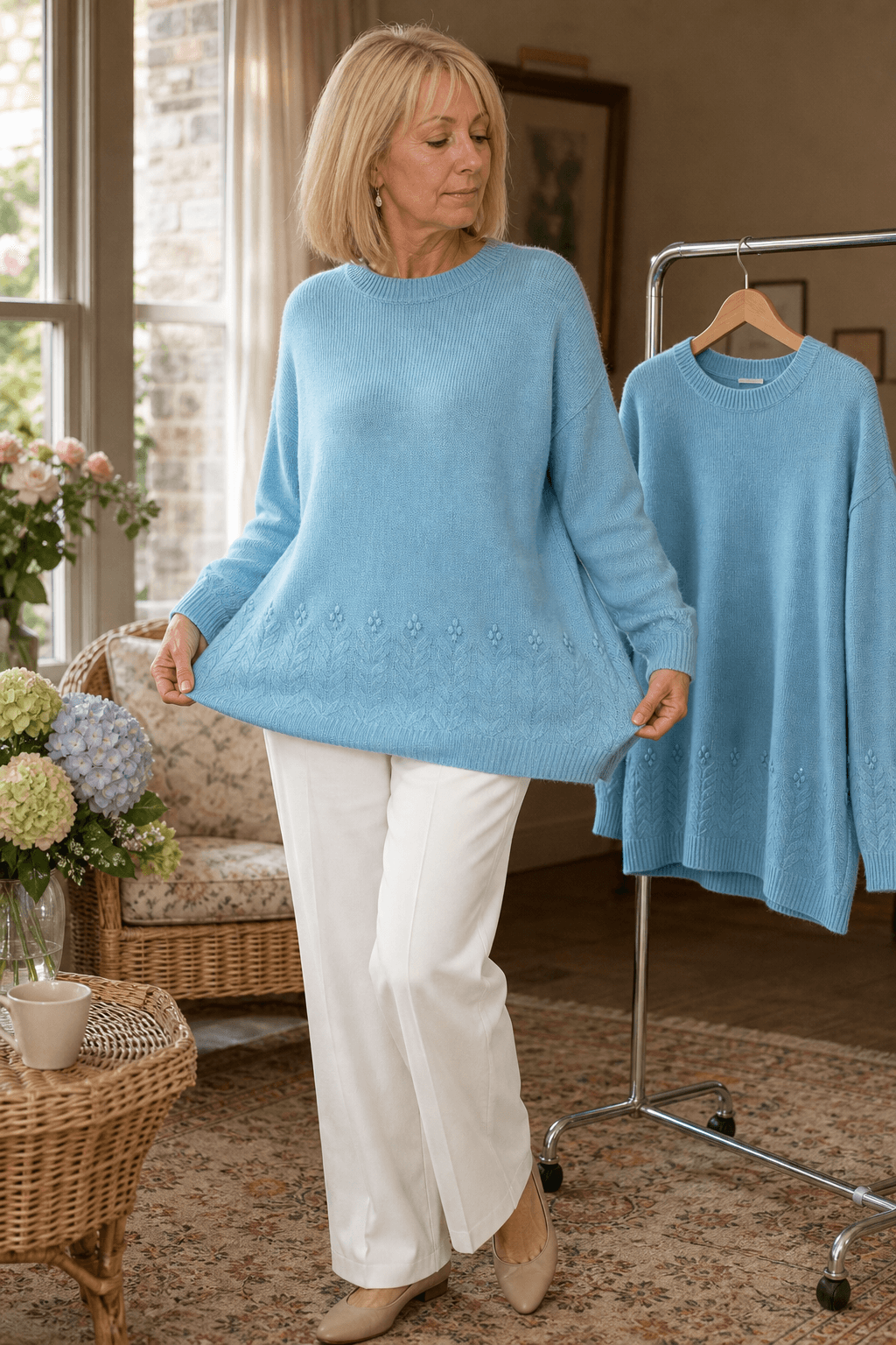 Zopfmuster Rundhals Strickpullover mit Blumendetails am Saum