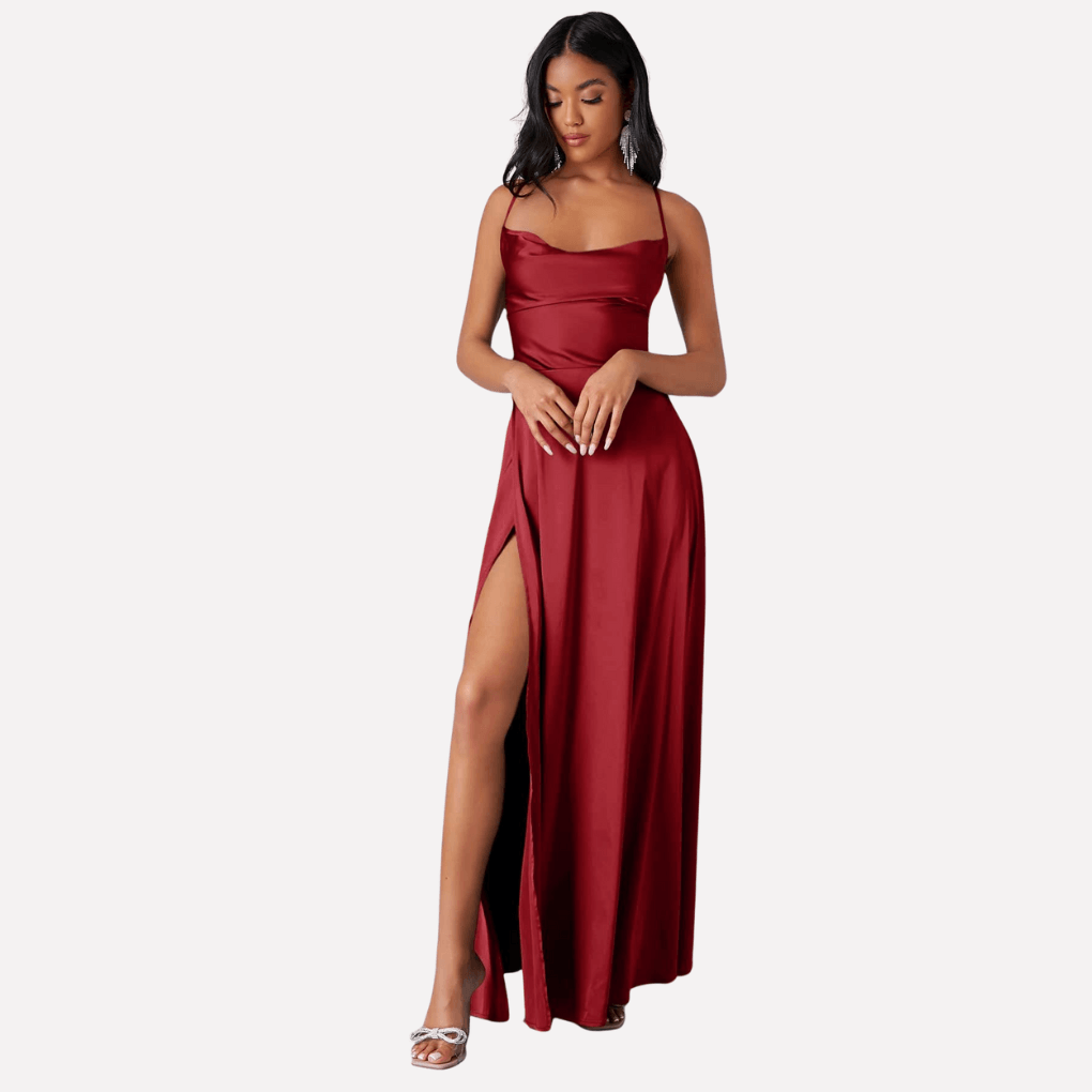 Rückenfreies Satin-Maxikleid für Damen mit Hohem Seitenschlitz für den Herbst
