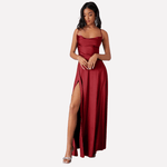 Rückenfreies Satin-Maxikleid für Damen mit Hohem Seitenschlitz für den Herbst