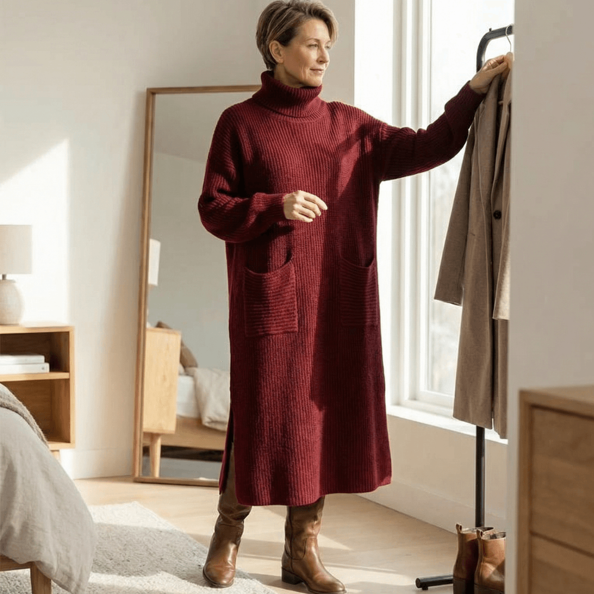 Velara Rollkragen Strickkleid Damen Übergrösse mit Taschen im Maxi-Schnitt