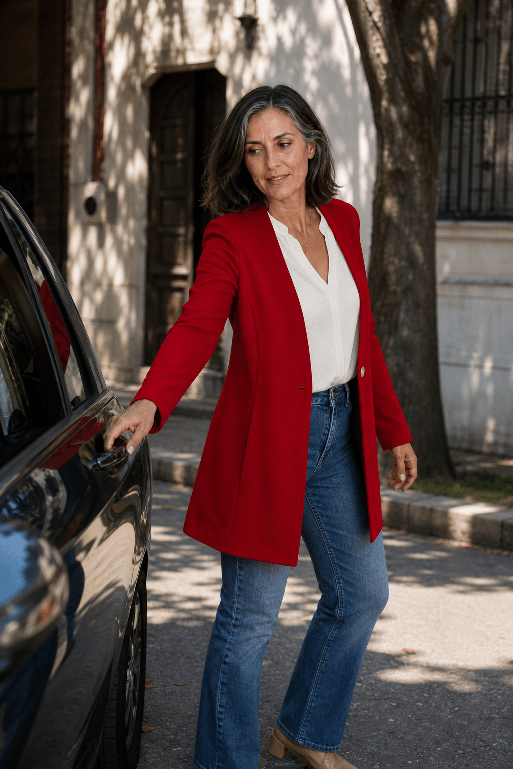 Linevalle Langer Blazer mit V-Ausschnitt und Einknopfverschluss für Damen aus Polyester