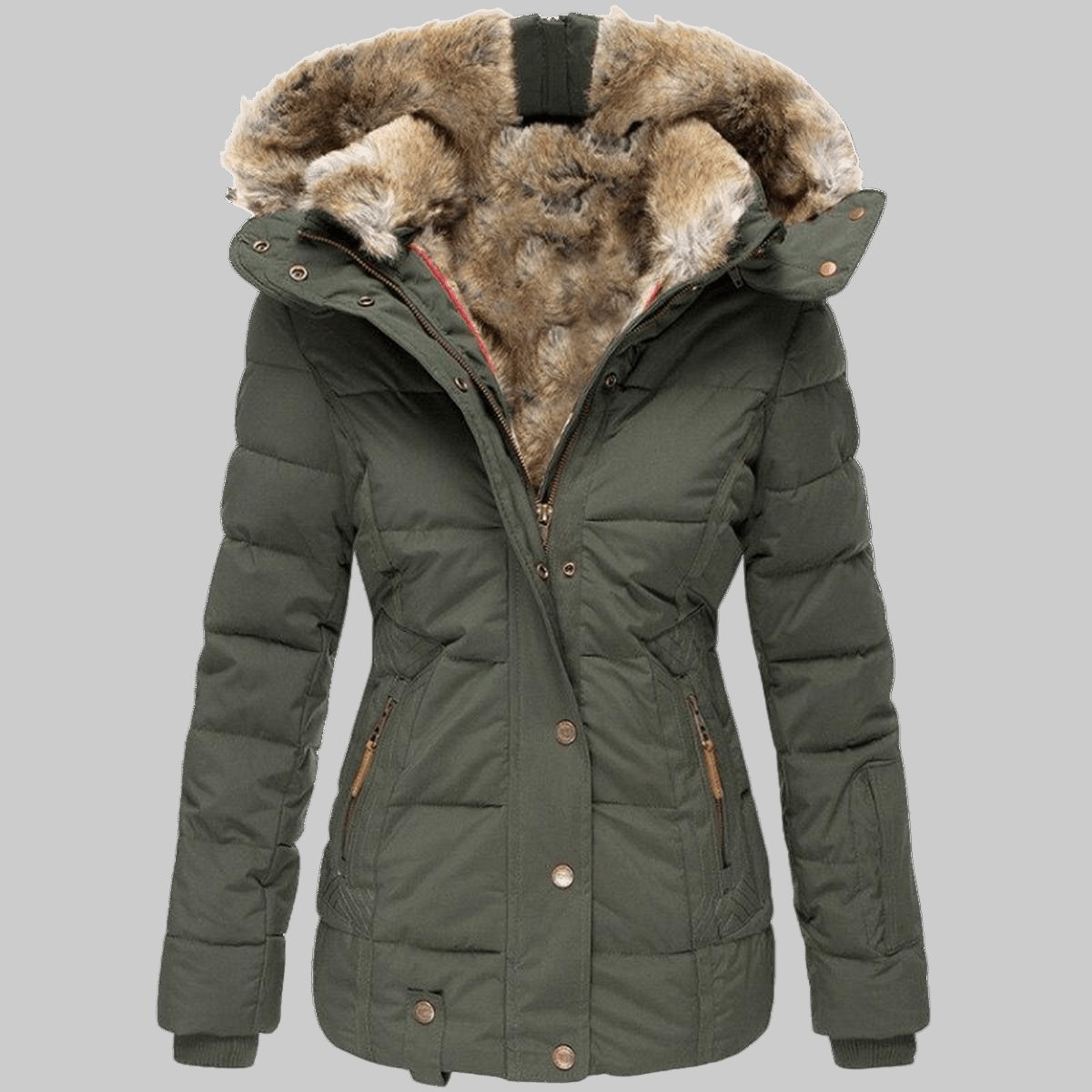 Schlank geschnittene Damen-Winterjacke mit Kunstfellkapuze und Kunstfellfutter