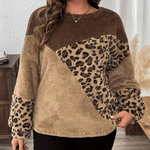 Farbblock Flauschiger Damen-Pullover mit Leopardenmuster und Rundhalsausschnitt