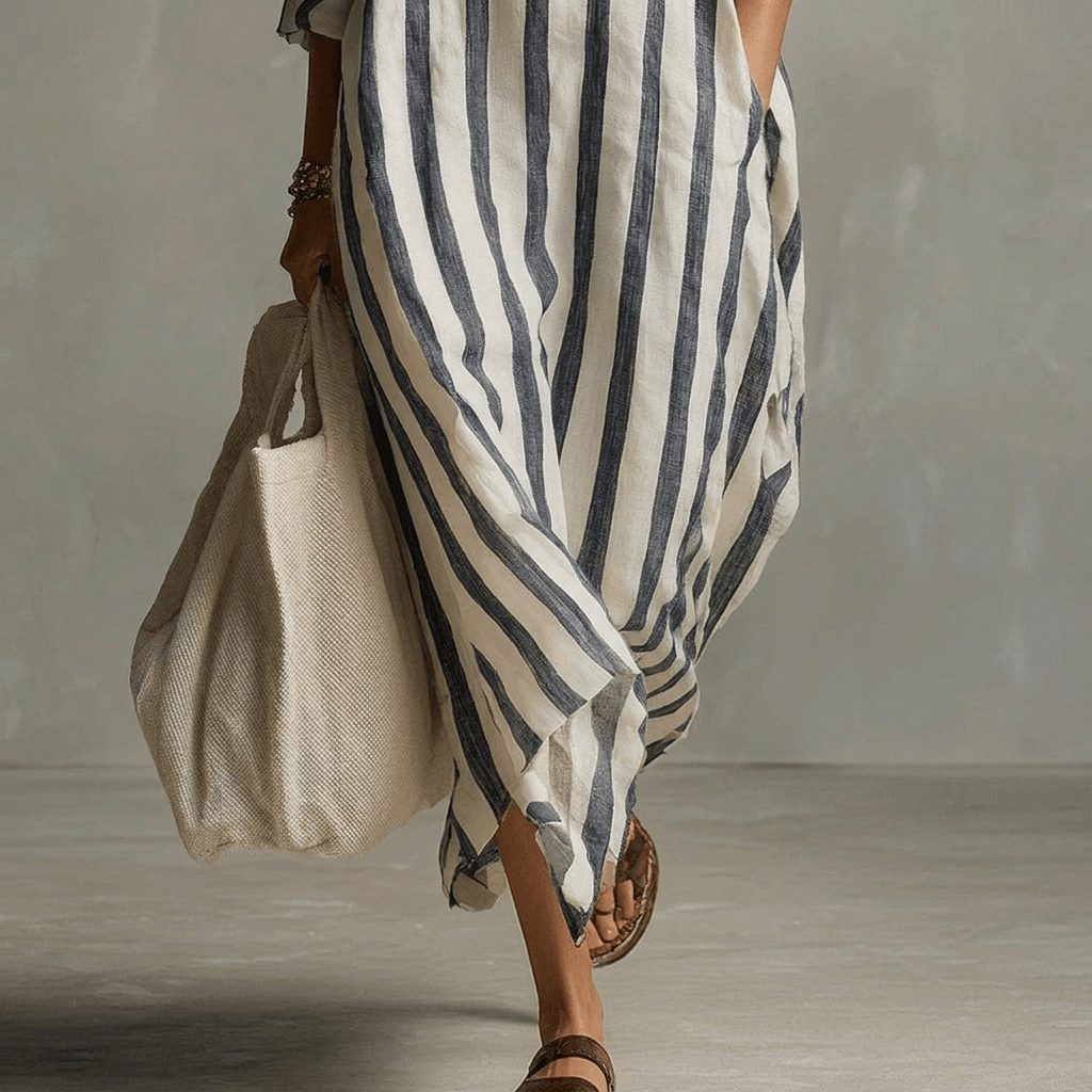 Gestreiftes Maxikleid in A-Linie mit Reverskragen für den Herbst