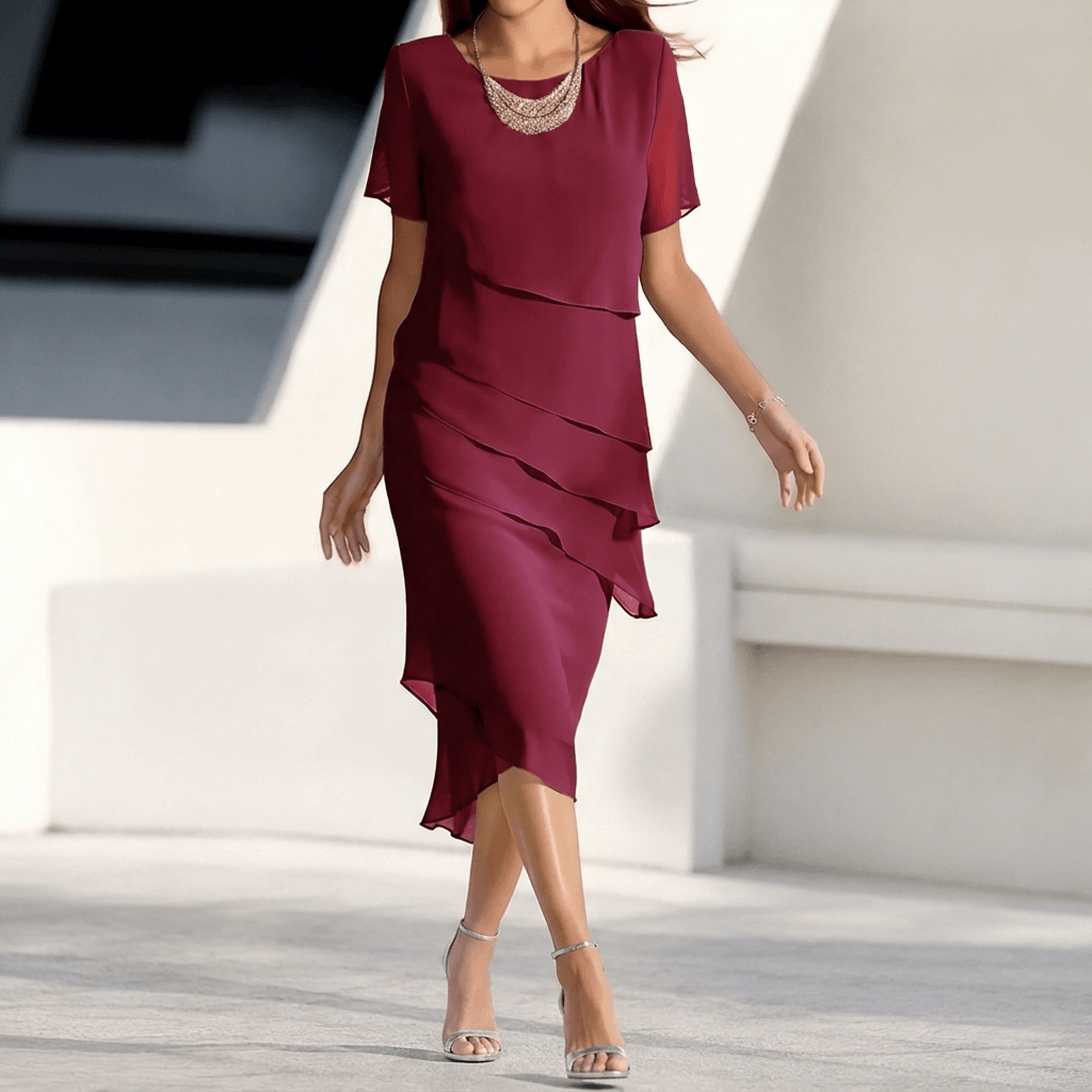 Chiffon-Patchwork-Herbstkleid mit Rundhalsausschnitt und kurzen Ärmeln