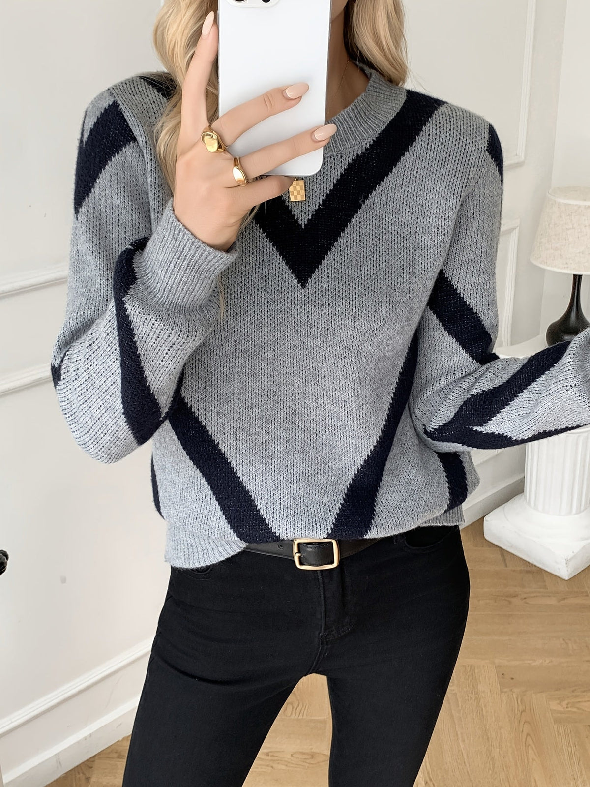 Chevron-Strickpullover für Damen mit Rundhalsausschnitt