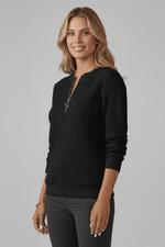 Zopfmuster Damen Pullover mit Reissverschlusskragen und Struktur