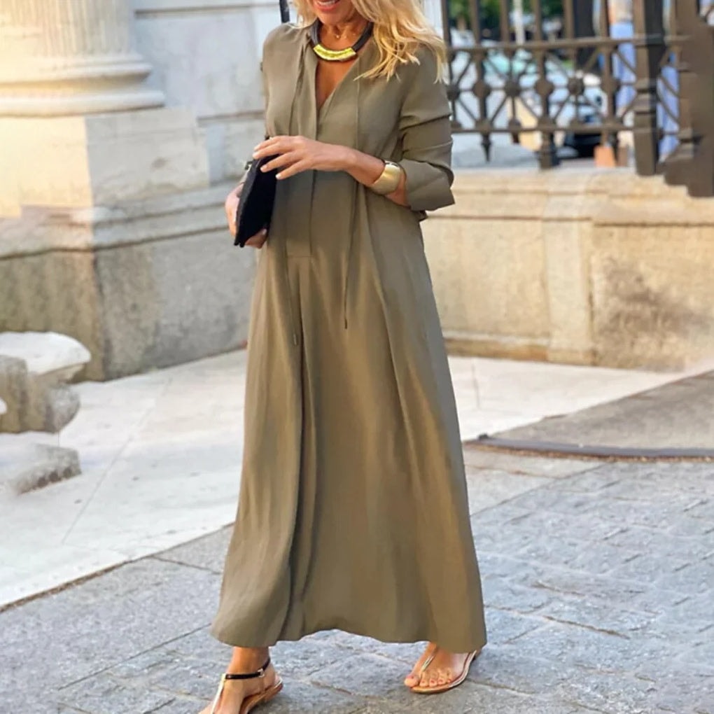 Fliessendes Maxikleid mit V-Ausschnitt für Damen im Herbst
