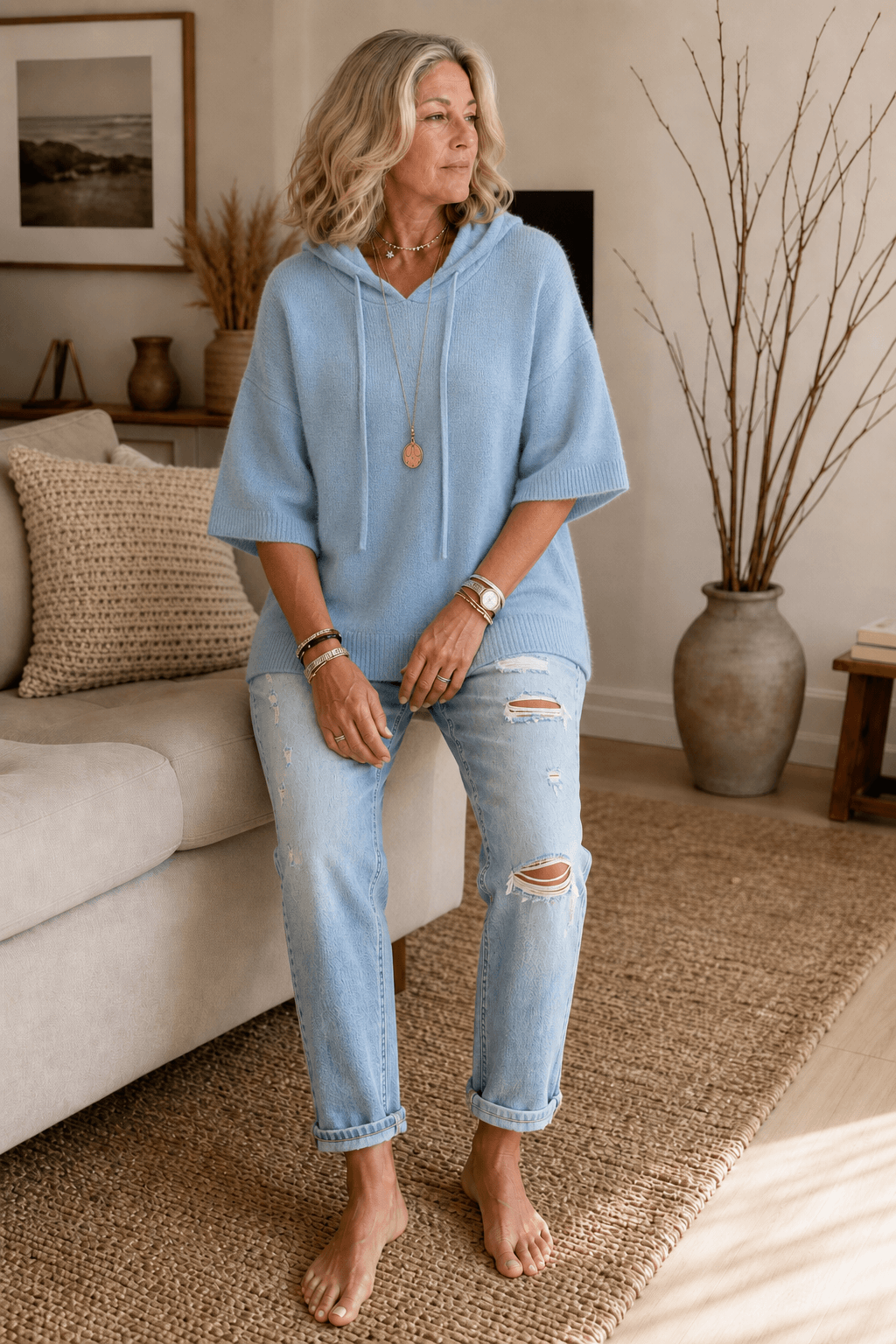 Kapuzenpullover mit Kordelzug und Strickstruktur für Damen