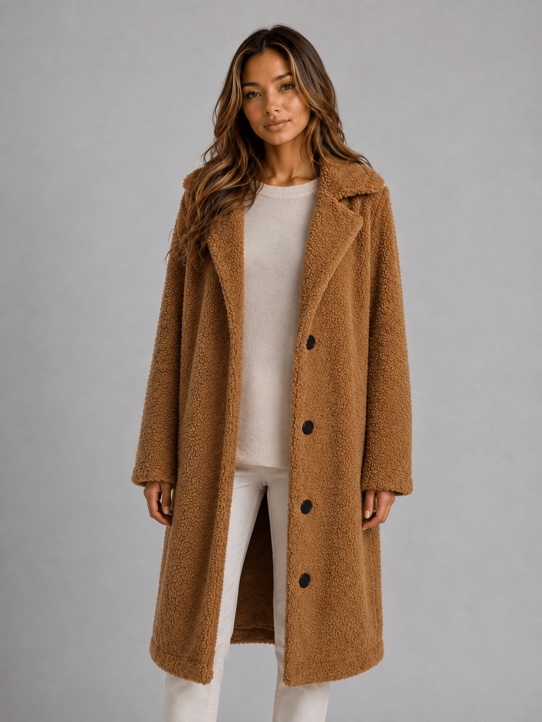 Langer Teddy-Fleece Mantel mit Knopfleiste und Kragen