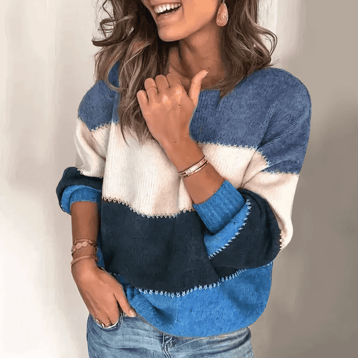 Lockerer Gestreifter Strickpullover im Colorblock-Design für Damen
