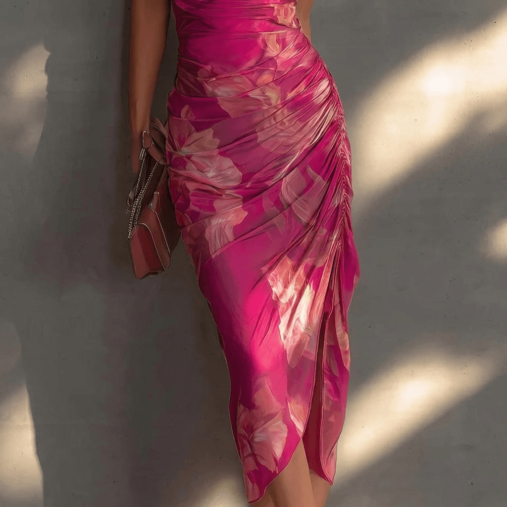 Cowl-Ausschnitt Blumen Midikleid mit Raffung für den Herbst