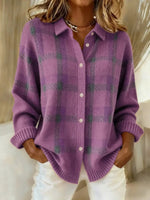 Damen Karierter Strickpullover mit Knopfleiste und Kragen
