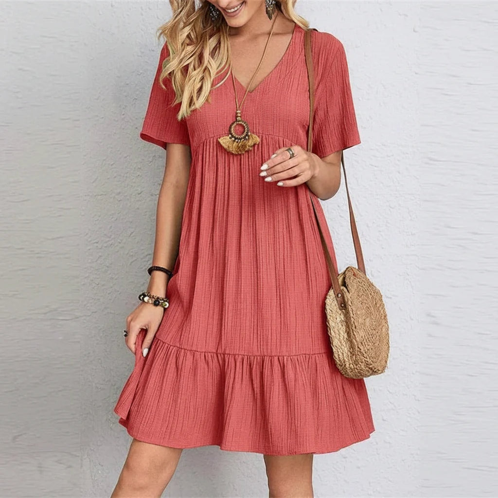 Figurformendes Retro-Herbstkleid mit V-Ausschnitt und Bauchkontrolle aus Stretchstoff