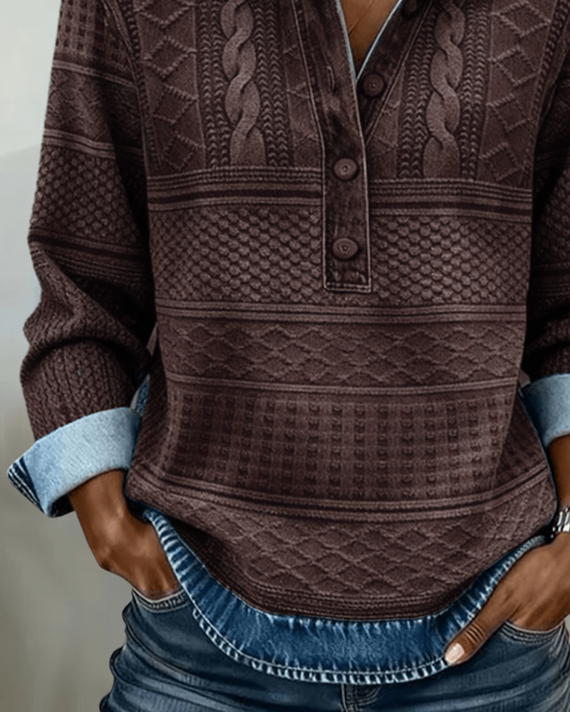 Melkorka Strukturiertes Langarmshirt mit Jeans-Optik-Kragen