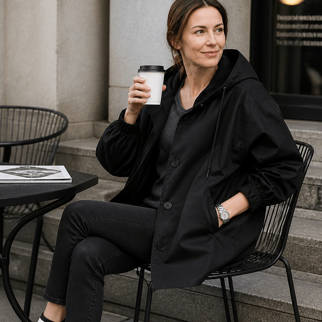 Kapuzen-Midi-Trenchcoat für Damen aus Baumwollmischung mit Kordelzug in der Taille