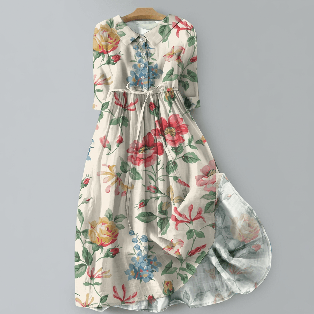 Blumiges Maxikleid mit Hemdkragen und 3/4-Arm für den Herbst