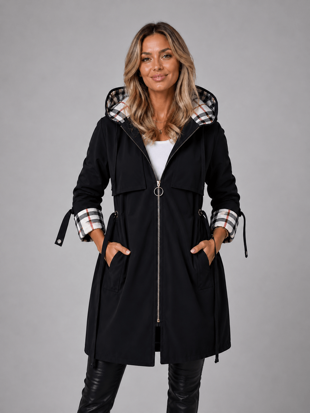Damen Kapuzen-Trenchjacke mit Taillenzug und Reissverschluss
