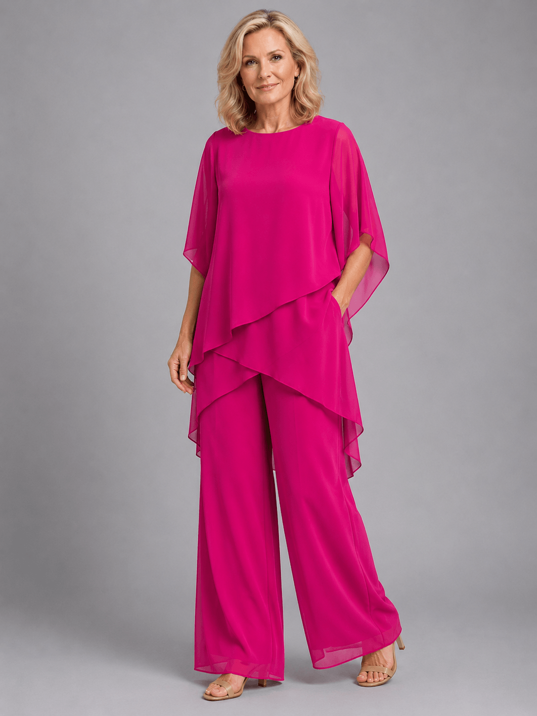 Damen Chiffon Zweiteiler Set mit Flowing Top und Weitem Hosenbein
