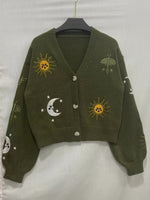 Bestickte Strickjacke Damen mit Sonne Mond Sterne Motiven