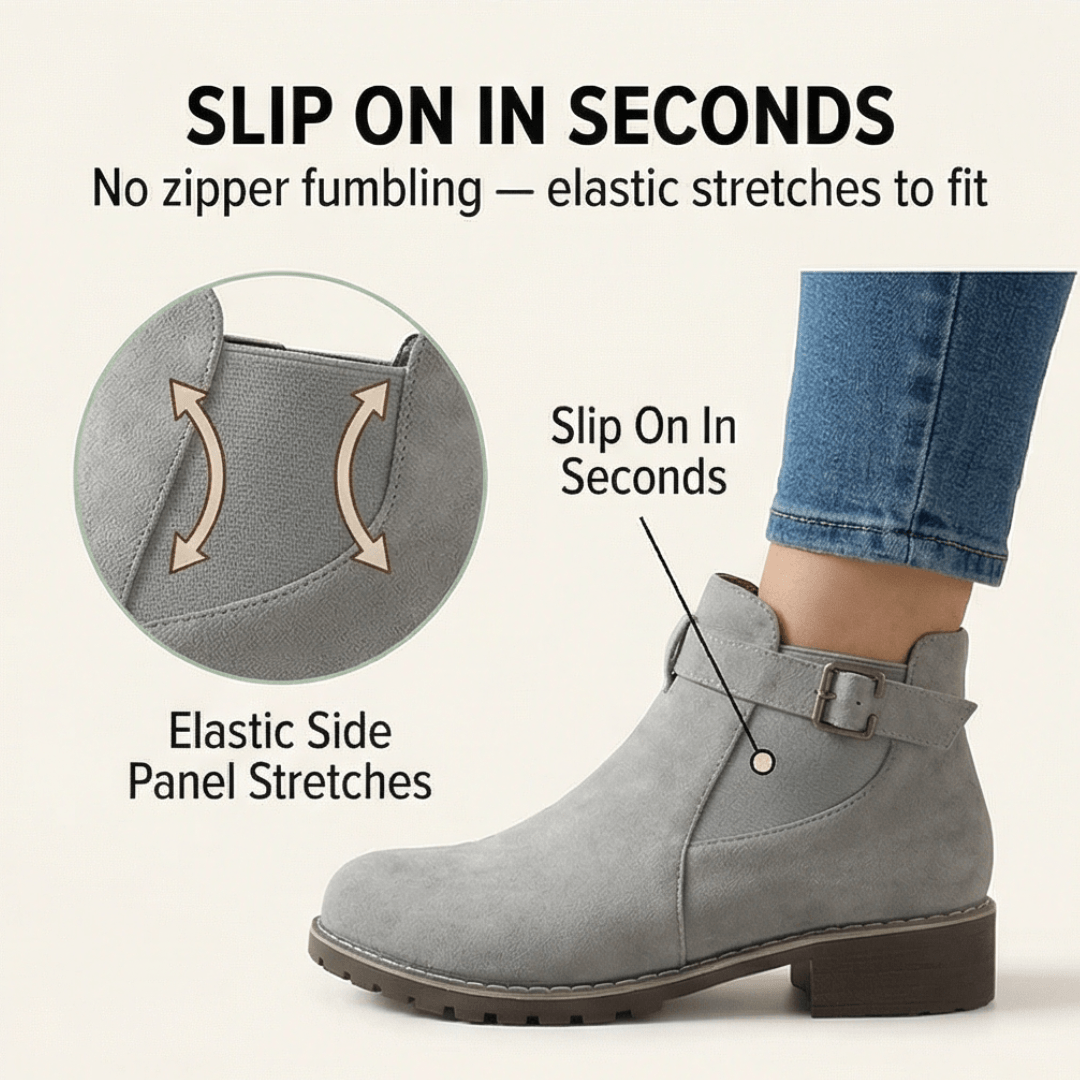 Damen Stiefeletten aus Veloursleder-Optik mit Schnalle und Blockabsatz
