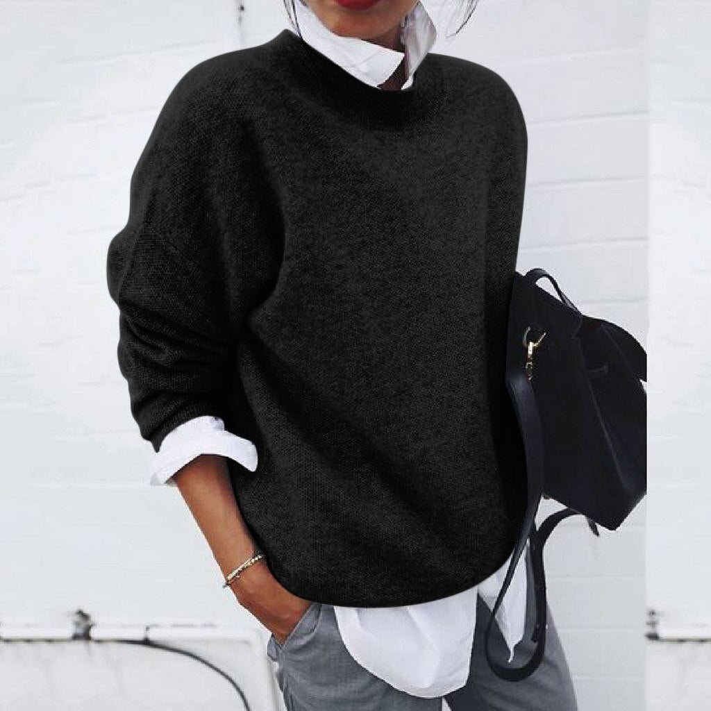 Langer Rundhals Strickpullover für Damen mit lockerer Passform