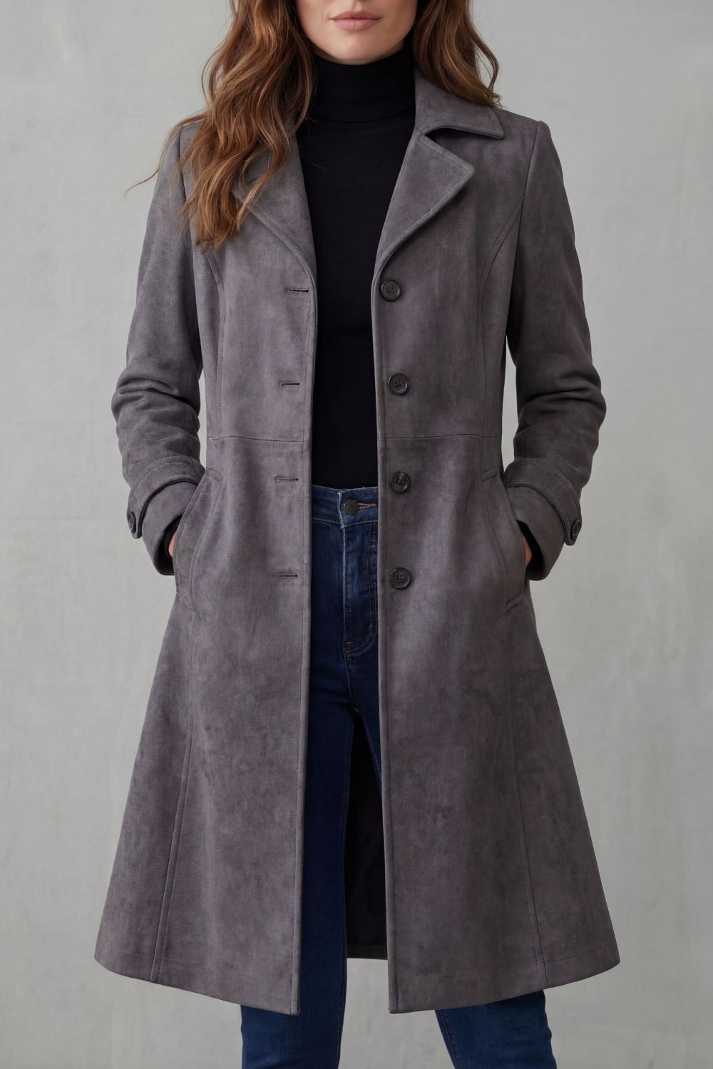 Langer Damenmantel im Wildleder-Look mit Taillenformung