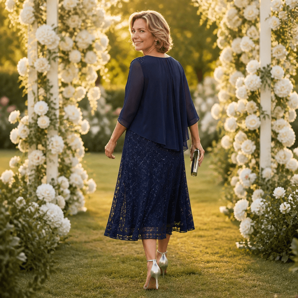 Elegantes Midikleid mit Spitzenoverlay und Chiffonärmeln
