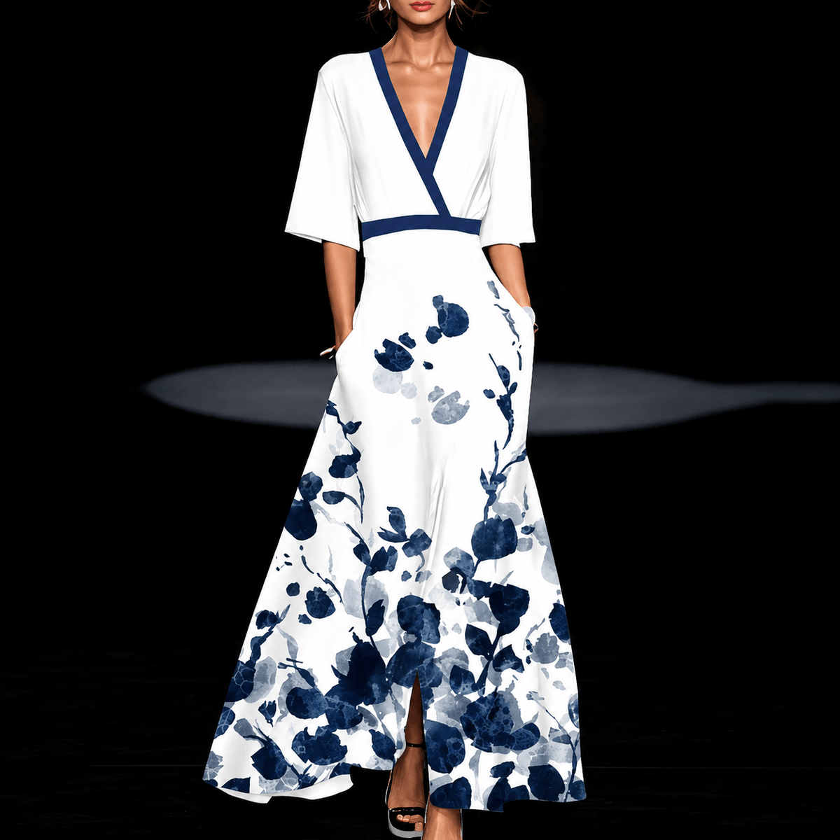 Elegantes Maxikleid mit V-Ausschnitt und Beinschlitz für den Herbst