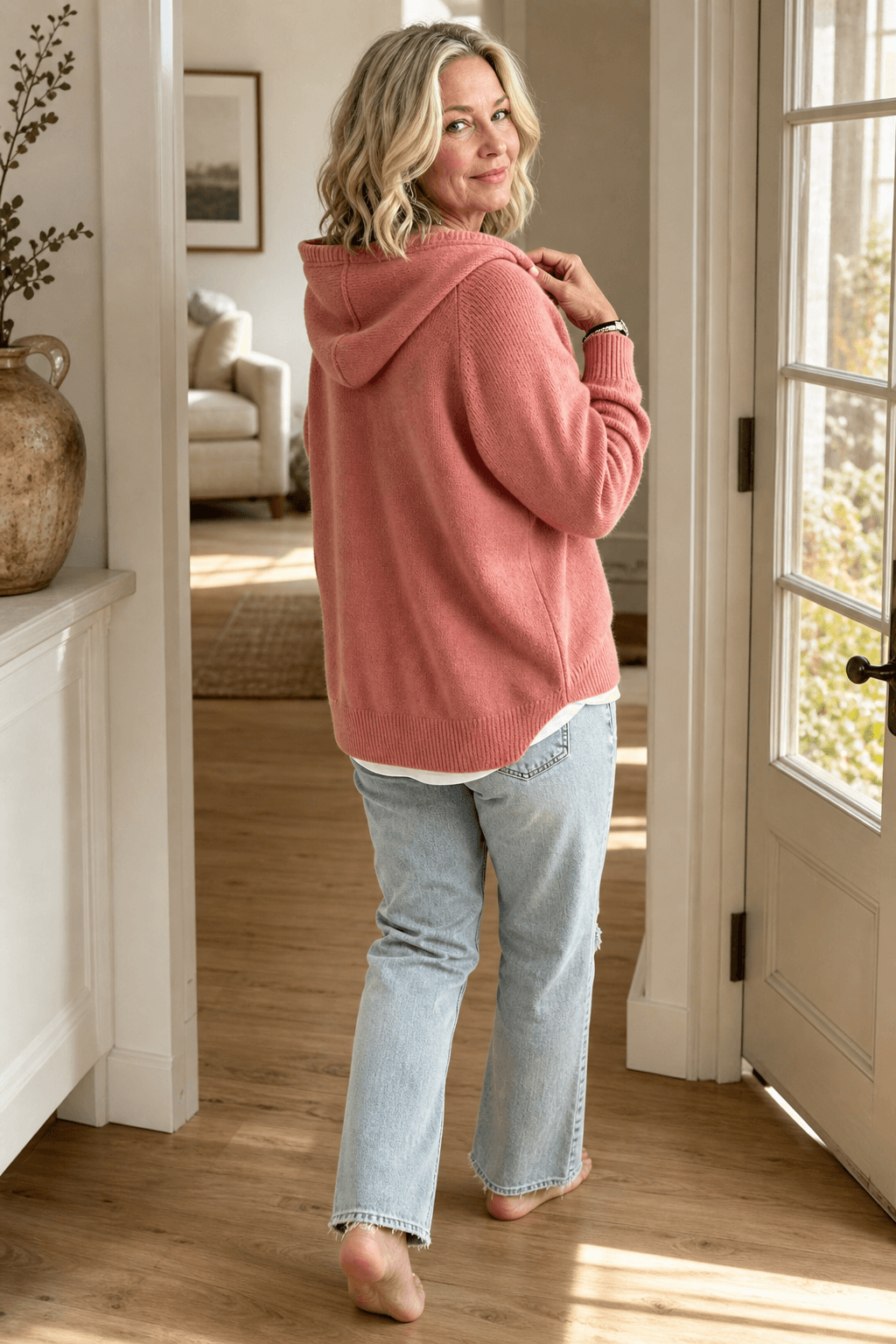 Damen Kapuzenpullover mit Kordelzug und Rippstrick-Struktur