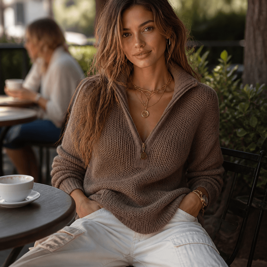 Strukturierter Damenpullover mit Half-Zip-Kragen aus Polyester