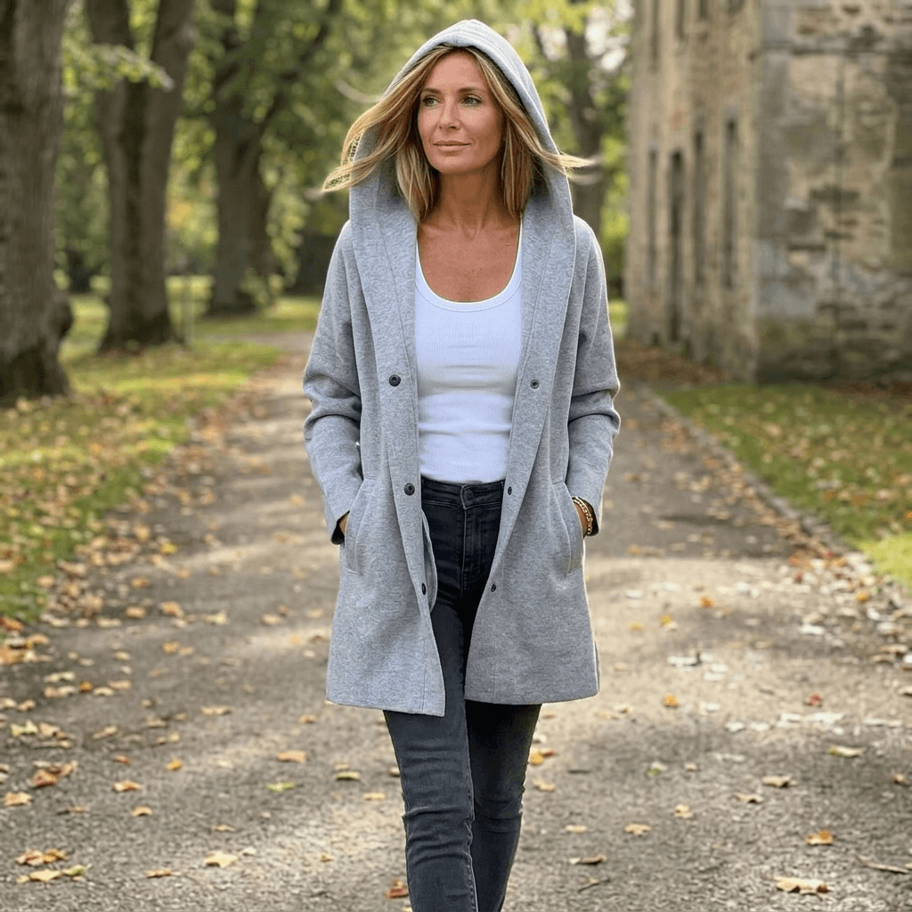 Damen Strickjacke mit Kapuze und Knopfleiste im Longline-Schnitt