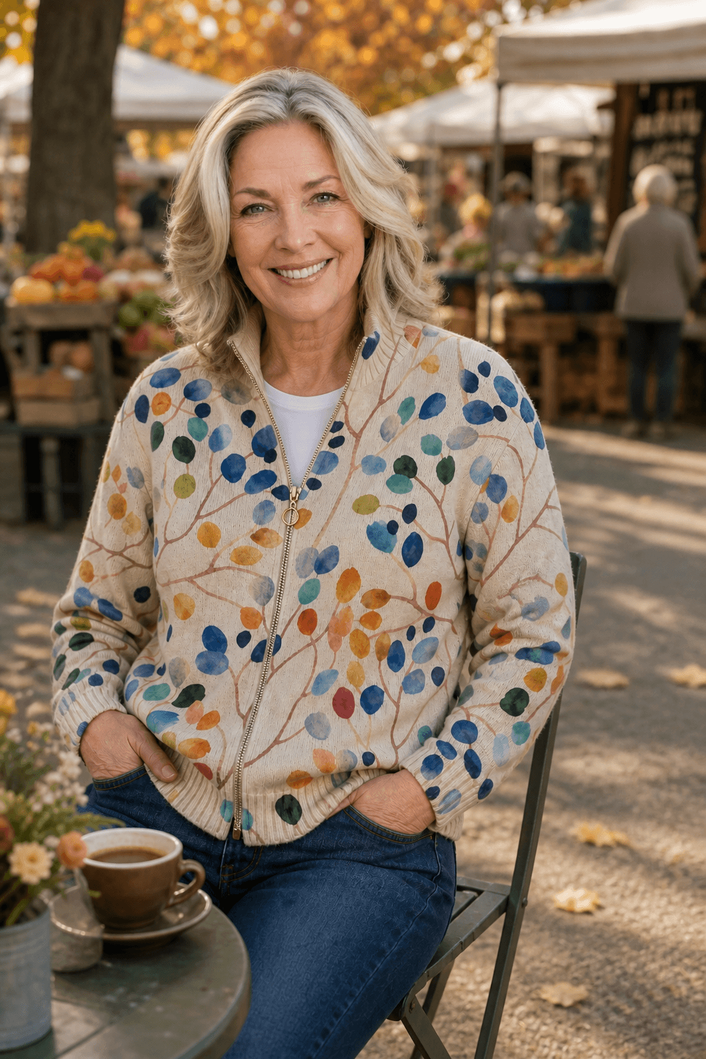Botanischer Strick-Cardigan mit durchgehendem Reissverschluss für Damen