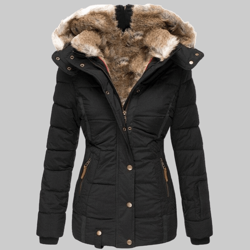 Schlank geschnittene Damen-Winterjacke mit Kunstfellkapuze und Kunstfellfutter