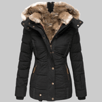 Schlank geschnittene Damen-Winterjacke mit Kunstfellkapuze und Kunstfellfutter