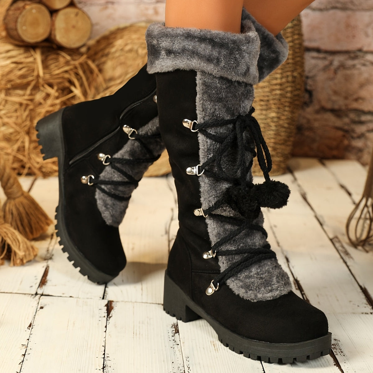 Damen Winterstiefel mit Kunstfell und Zierschnürung mit Pompons