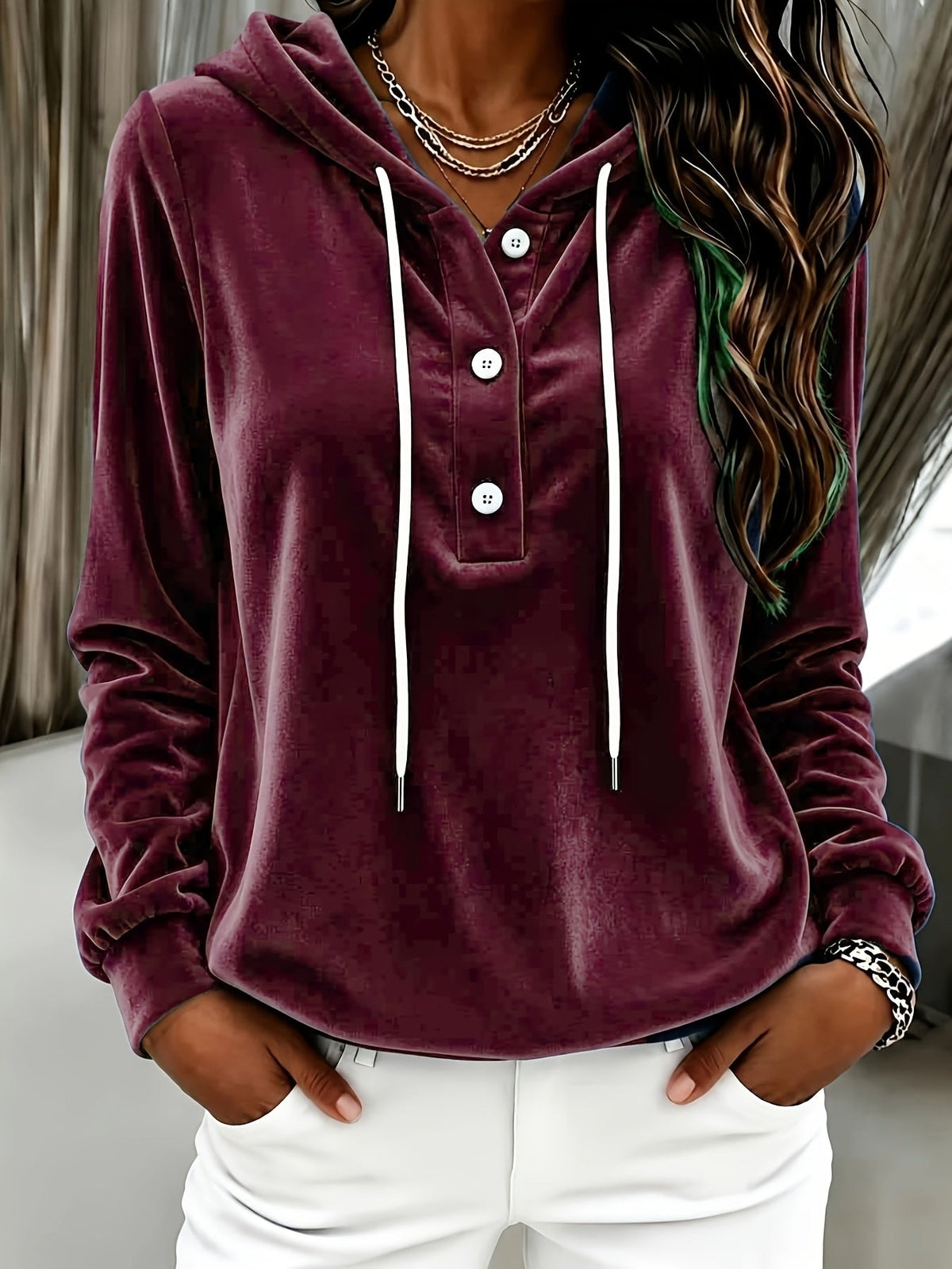 Damen Kapuzenshirt aus Samt mit Knopfleiste und Kordelzug
