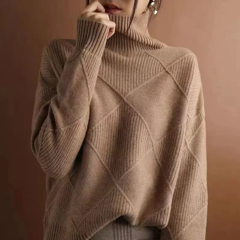 Rollkragenpullover Damen Baumwolle mit Rautenstrickmuster und Taillierter Passform